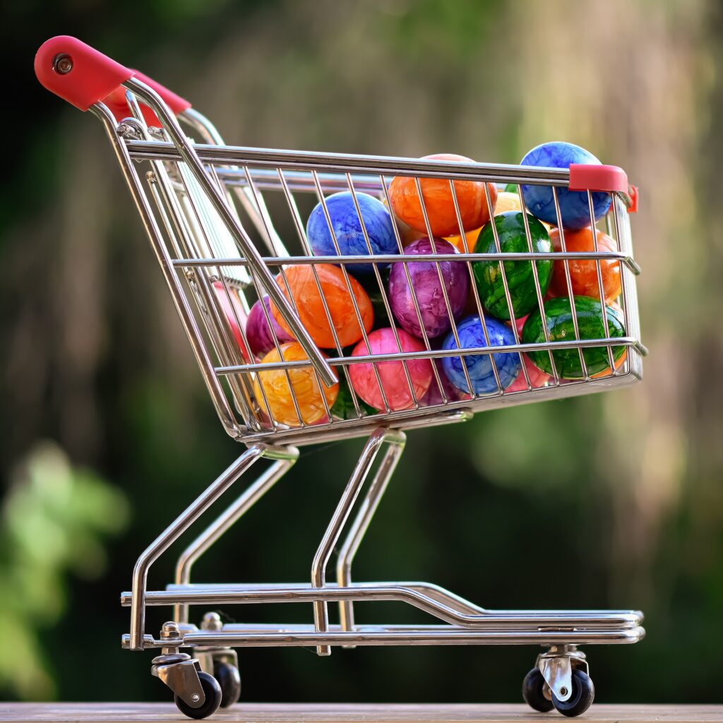 Image of Easter candy in a shopping cart.