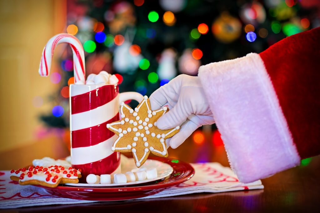 Image of santa's hand picking up a cookie